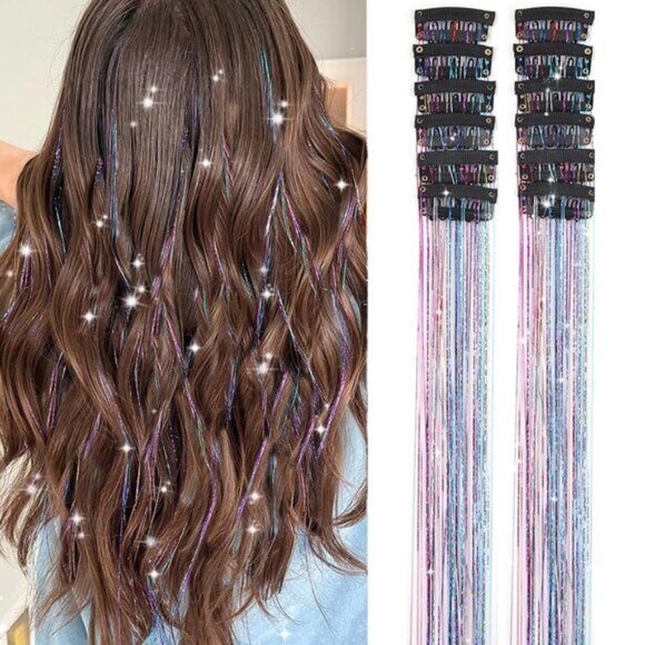 12Pcs Hair Tinsel Clip-in Colorful Glitter 20" Tinsel Hair Extensions for Women